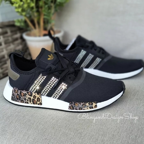 Women's Bling Adidas NMD R1 Leopard Print Black Shoes made with Crystals - Picture 8 of 8
